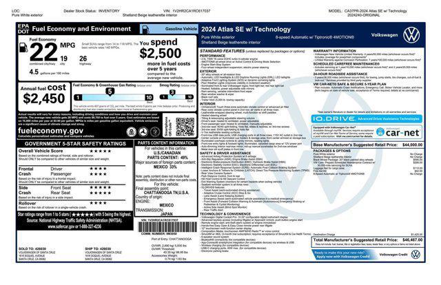 new 2024 Volkswagen Atlas car, priced at $44,188