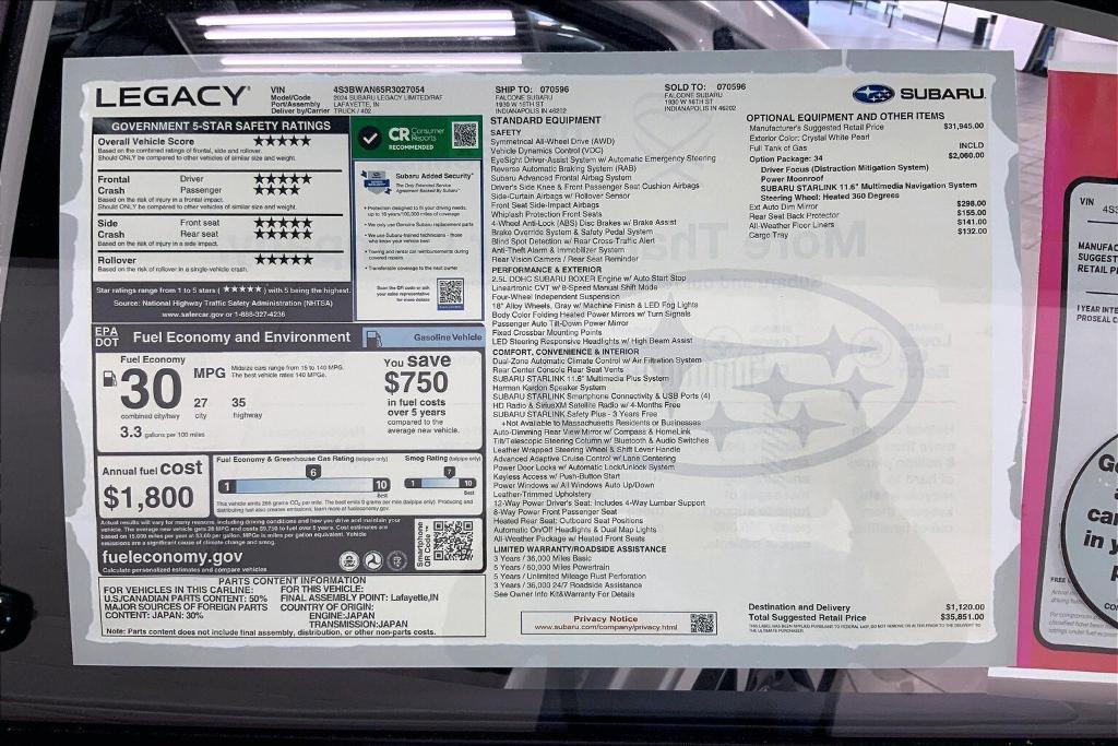 new 2024 Subaru Legacy car, priced at $33,293