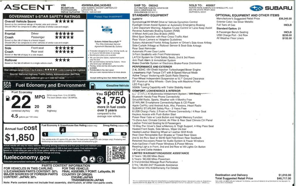 used 2020 Subaru Ascent car, priced at $27,200