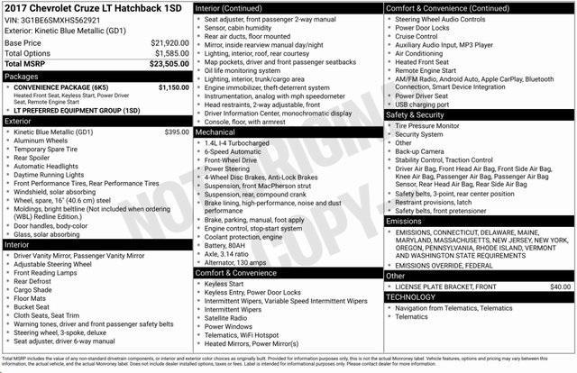 used 2017 Chevrolet Cruze car, priced at $10,485