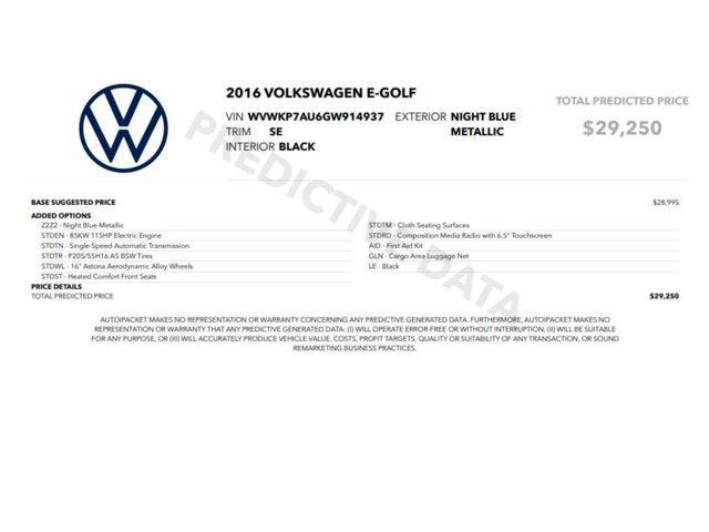 used 2016 Volkswagen e-Golf car, priced at $8,999