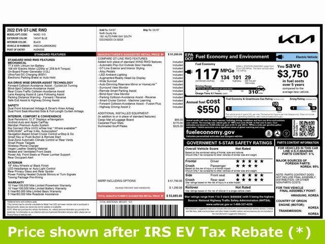 used 2022 Kia EV6 car, priced at $19,999
