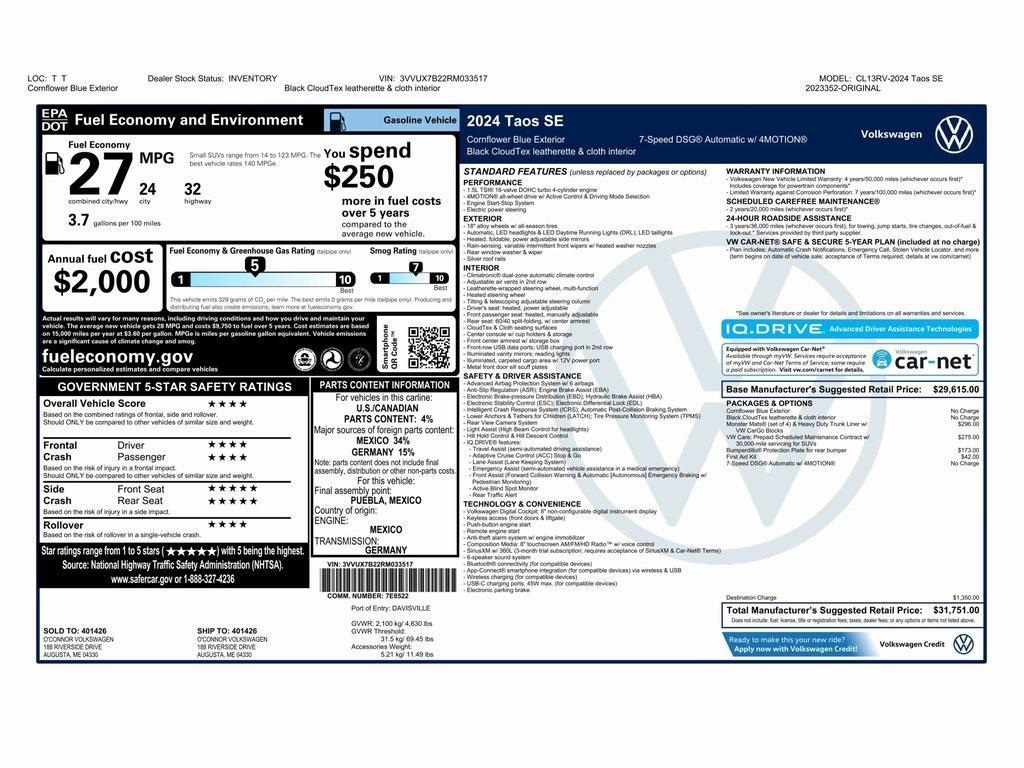 used 2024 Volkswagen Taos car, priced at $20,999