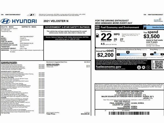 used 2021 Hyundai Veloster N car, priced at $22,999