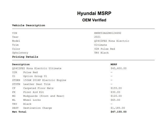 used 2021 Hyundai Kona EV car, priced at $15,999