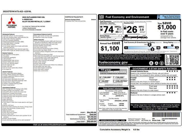 used 2022 Mitsubishi Outlander PHEV car, priced at $17,499