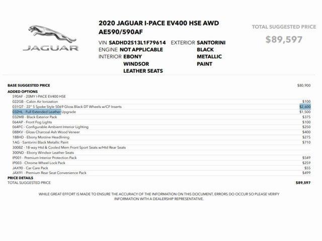 used 2020 Jaguar I-PACE car, priced at $24,999