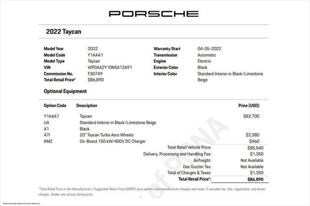 used 2022 Porsche Taycan car, priced at $56,894