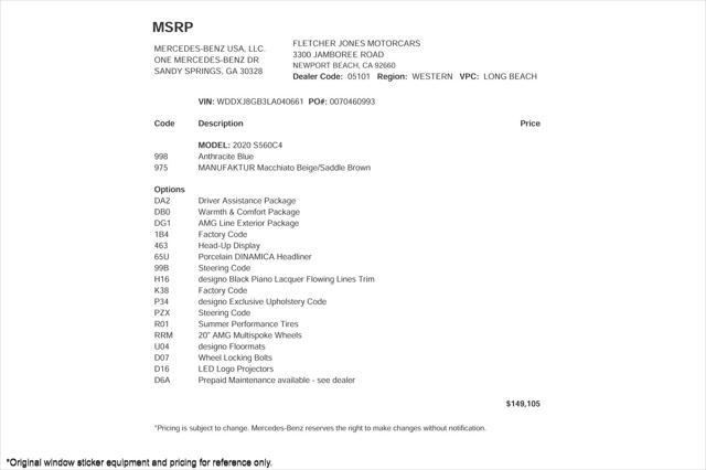 used 2020 Mercedes-Benz S-Class car, priced at $68,894