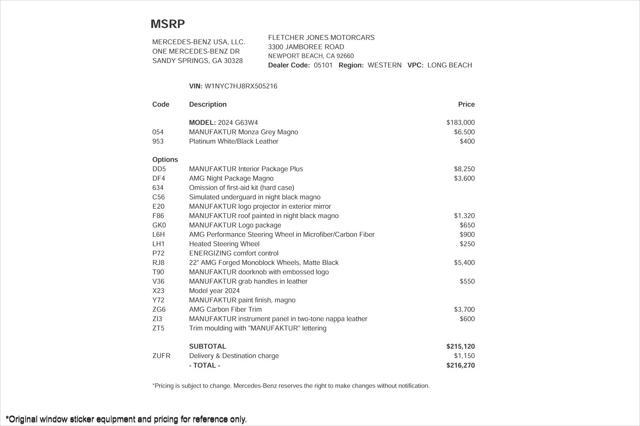 used 2024 Mercedes-Benz AMG G 63 car, priced at $222,893