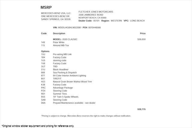 used 2020 Mercedes-Benz CLA 250 car, priced at $23,894
