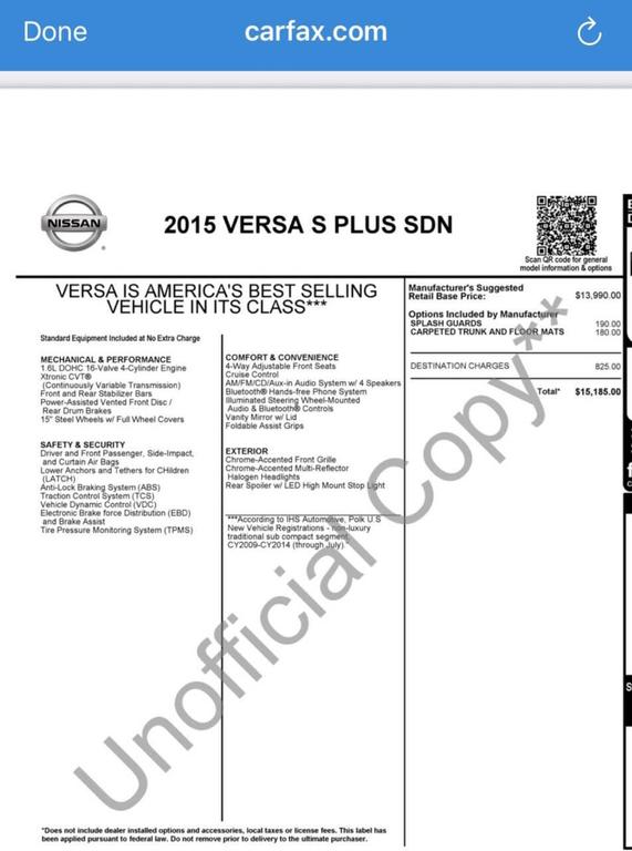 used 2015 Nissan Versa car, priced at $3,990