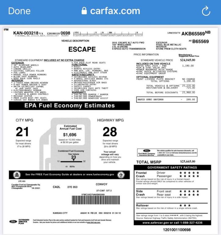 used 2010 Ford Escape car, priced at $5,990