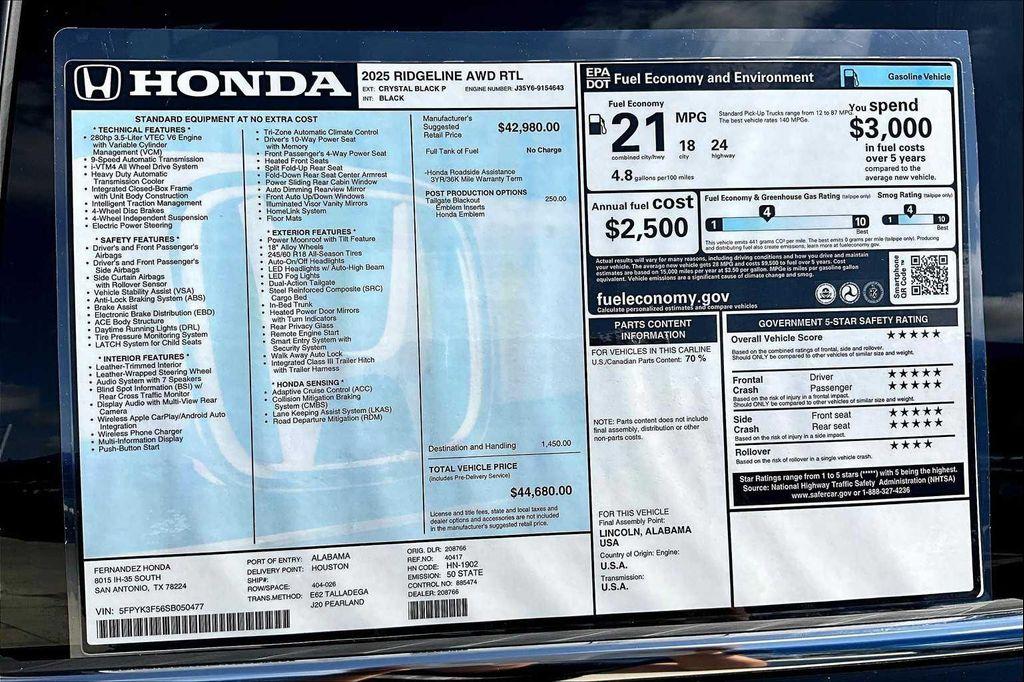 new 2025 Honda Ridgeline car, priced at $44,680