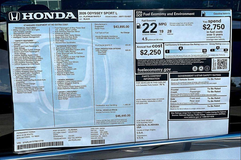 new 2026 Honda Odyssey car, priced at $46,440