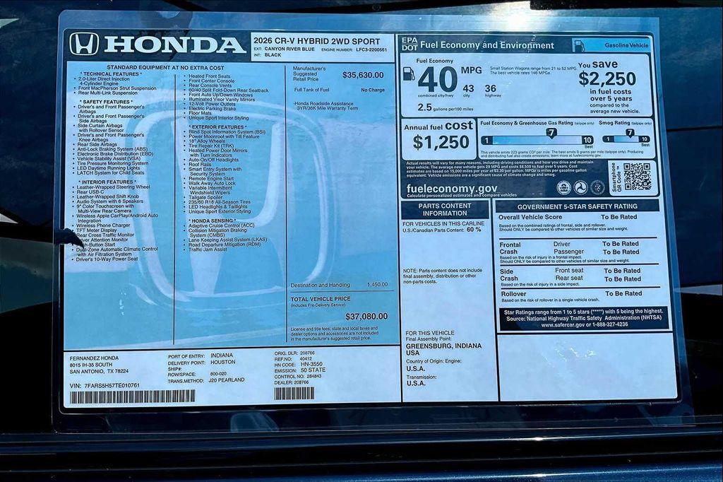 new 2026 Honda CR-V Hybrid car, priced at $37,080