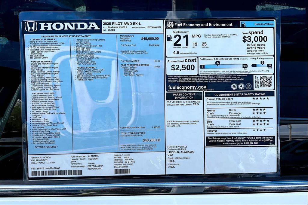 new 2025 Honda Pilot car, priced at $48,280