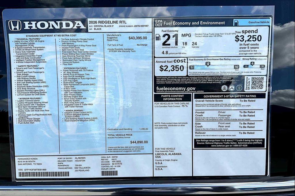 new 2026 Honda Ridgeline car, priced at $44,890