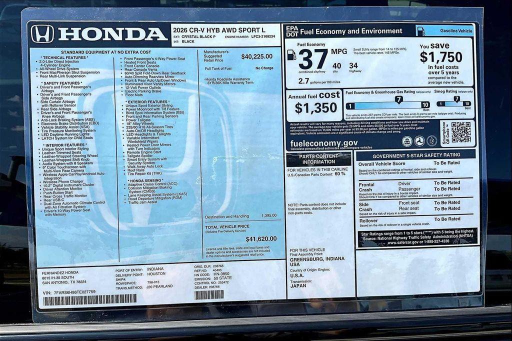 new 2026 Honda CR-V Hybrid car, priced at $41,620