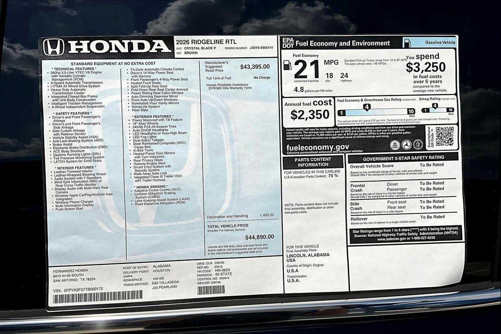 new 2026 Honda Ridgeline car, priced at $44,890
