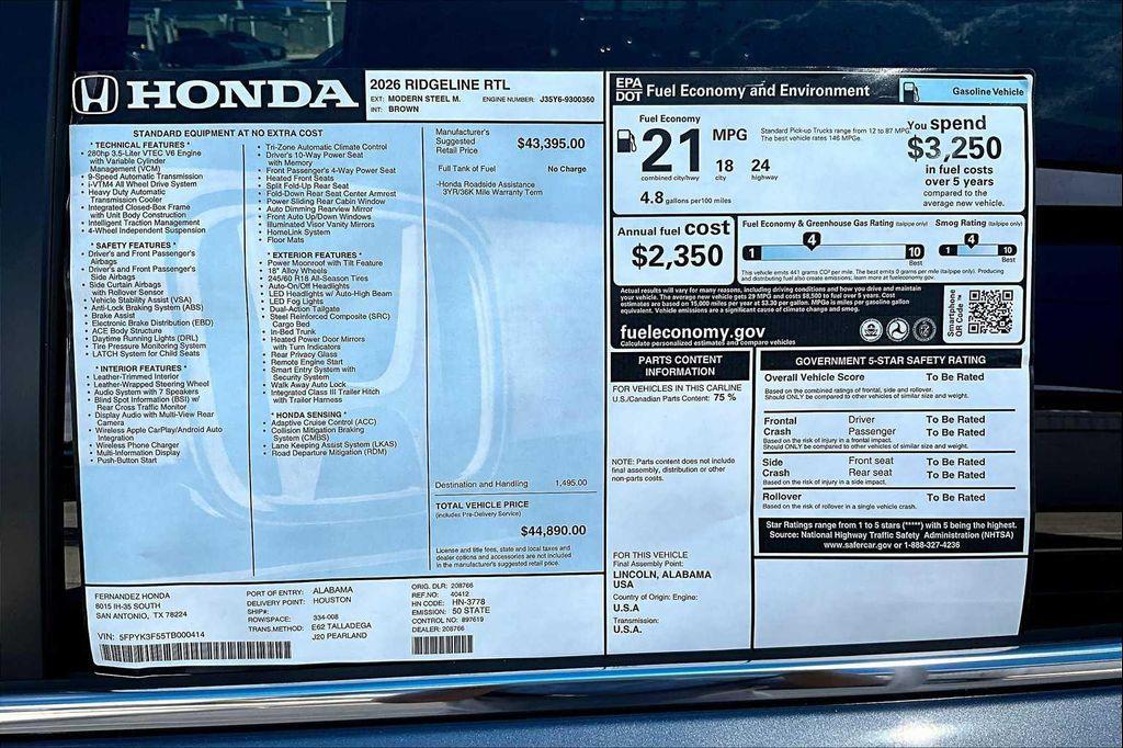 new 2026 Honda Ridgeline car, priced at $44,890