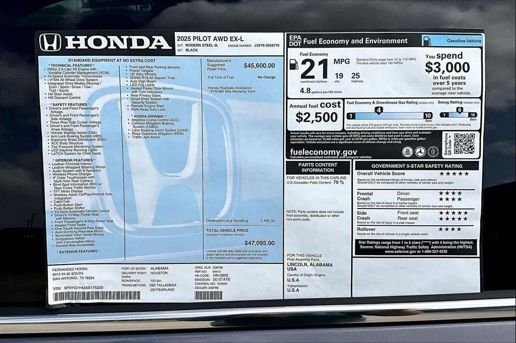 new 2025 Honda Pilot car, priced at $47,095