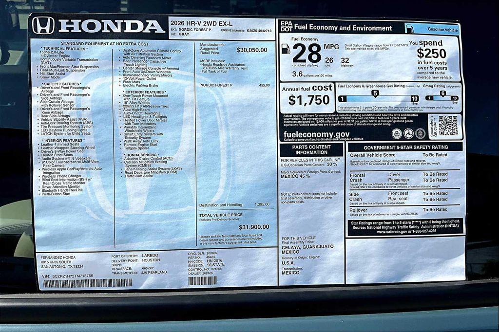 new 2026 Honda HR-V car, priced at $31,900