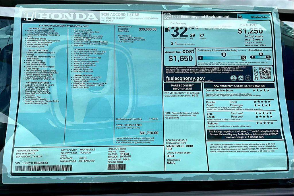 new 2025 Honda Accord car, priced at $31,710