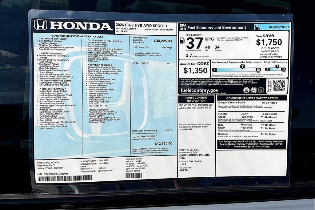 new 2026 Honda CR-V Hybrid car, priced at $42,130