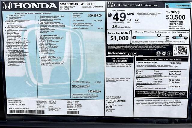 new 2026 Honda Civic Hybrid car, priced at $30,900