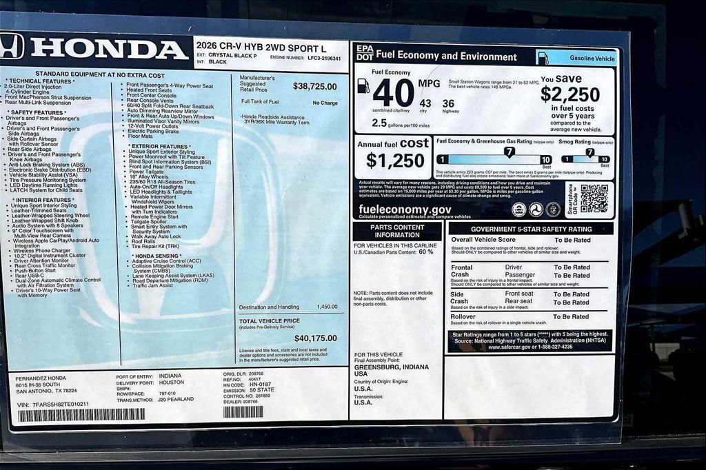 new 2026 Honda CR-V Hybrid car, priced at $40,175