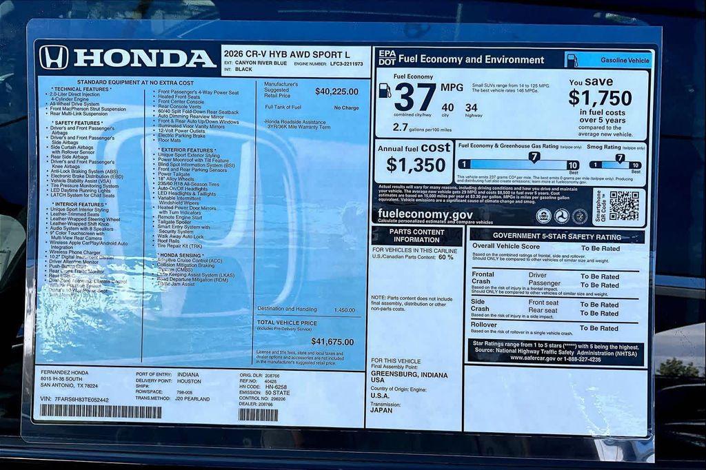 new 2026 Honda CR-V Hybrid car, priced at $41,675