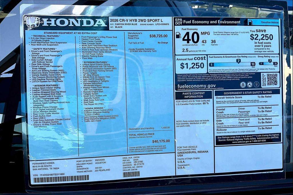 new 2026 Honda CR-V Hybrid car, priced at $40,175