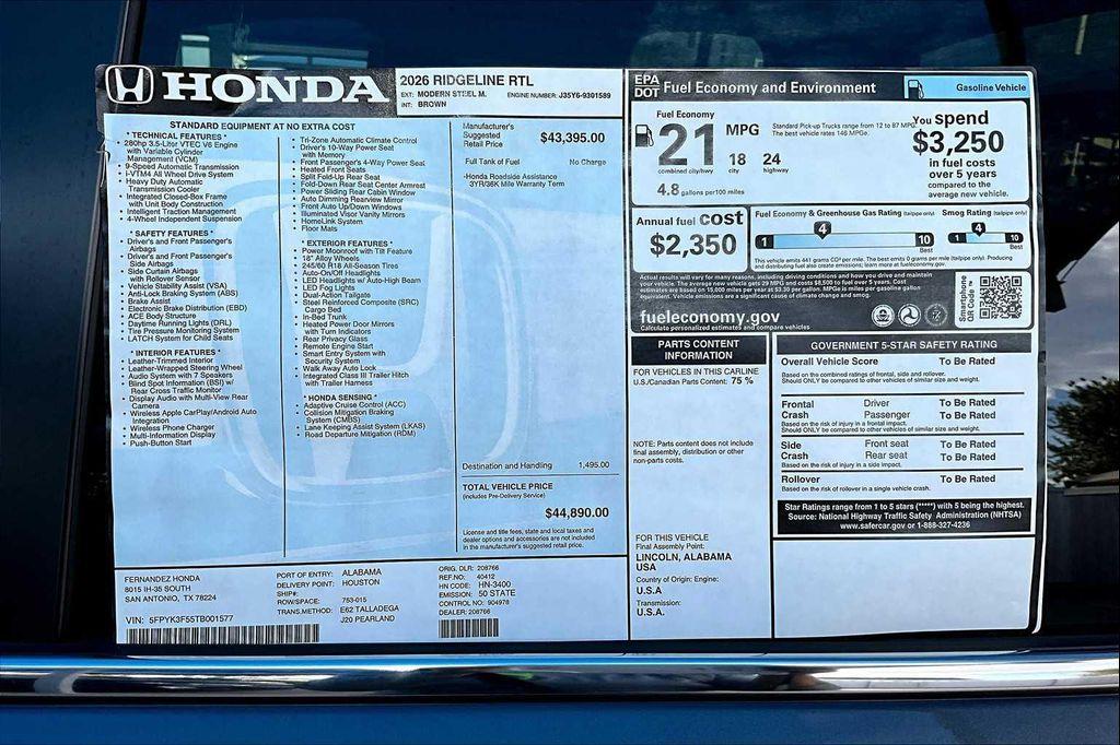 new 2026 Honda Ridgeline car, priced at $44,890