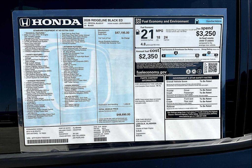 new 2026 Honda Ridgeline car, priced at $48,690