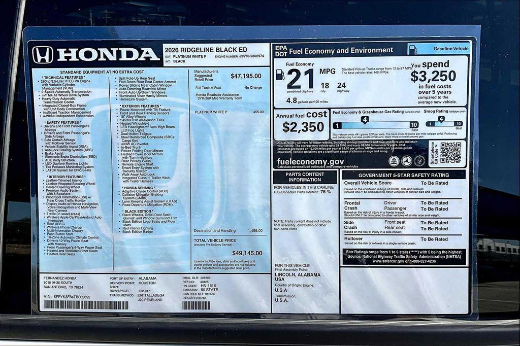 new 2026 Honda Ridgeline car, priced at $49,145