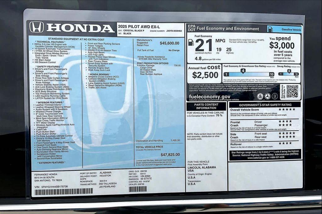 new 2025 Honda Pilot car, priced at $47,825