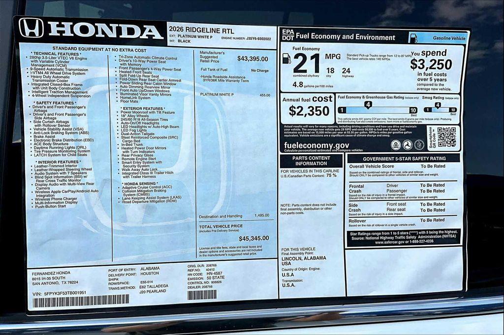 new 2026 Honda Ridgeline car, priced at $45,345