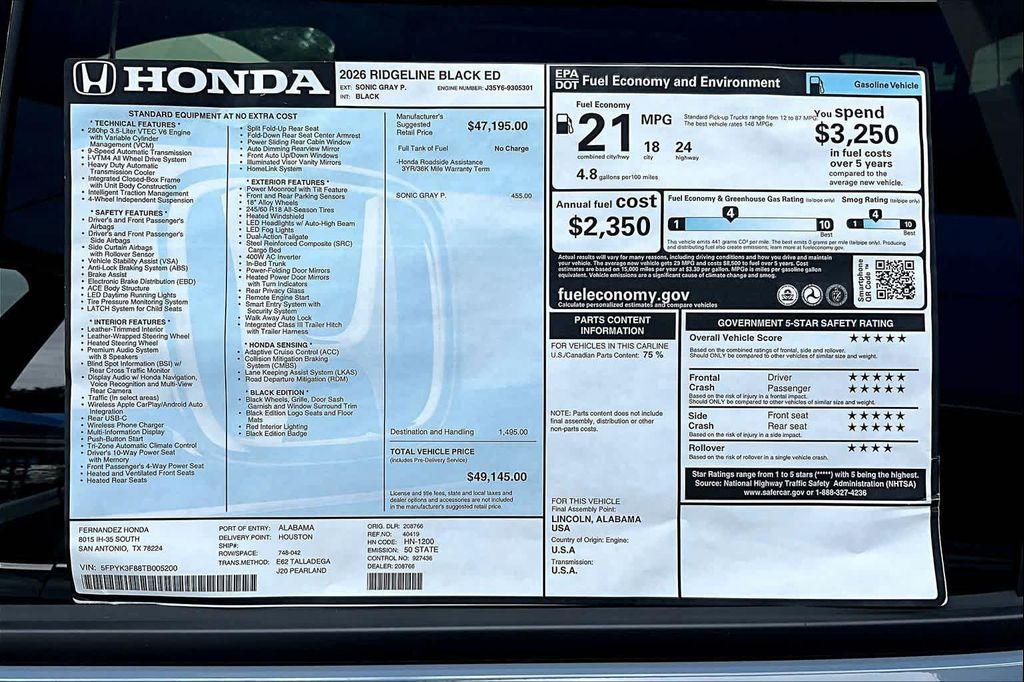 new 2026 Honda Ridgeline car, priced at $49,145