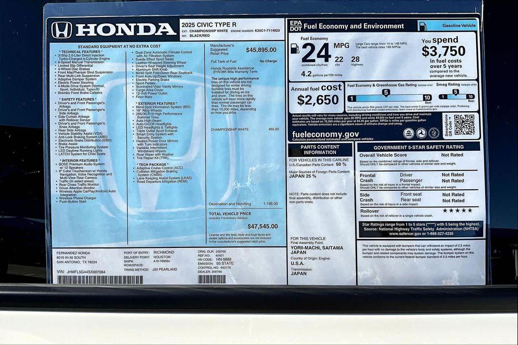 new 2025 Honda Civic Type R car, priced at $47,545