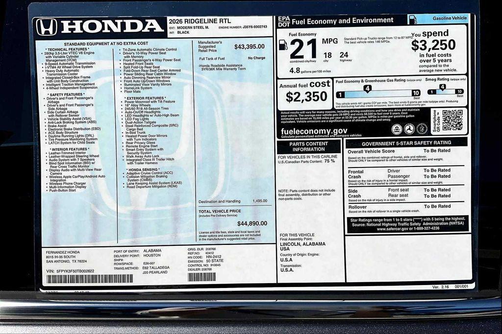 new 2026 Honda Ridgeline car, priced at $44,890