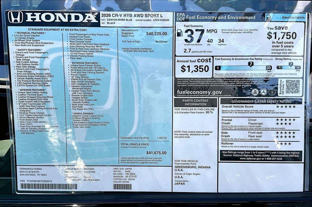 new 2026 Honda CR-V Hybrid car, priced at $41,675