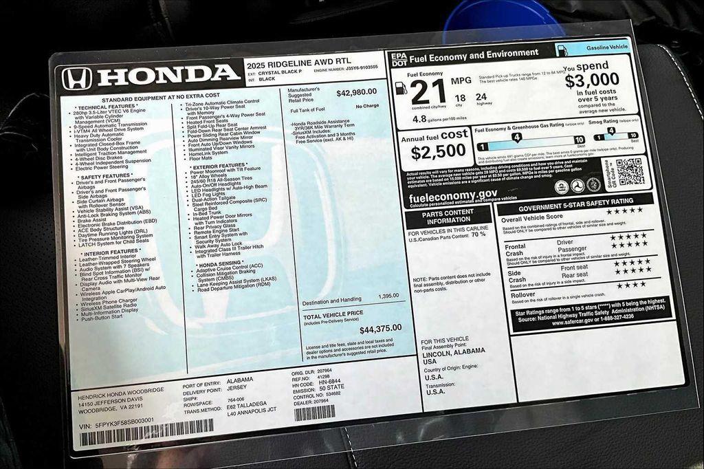 new 2025 Honda Ridgeline car, priced at $44,375