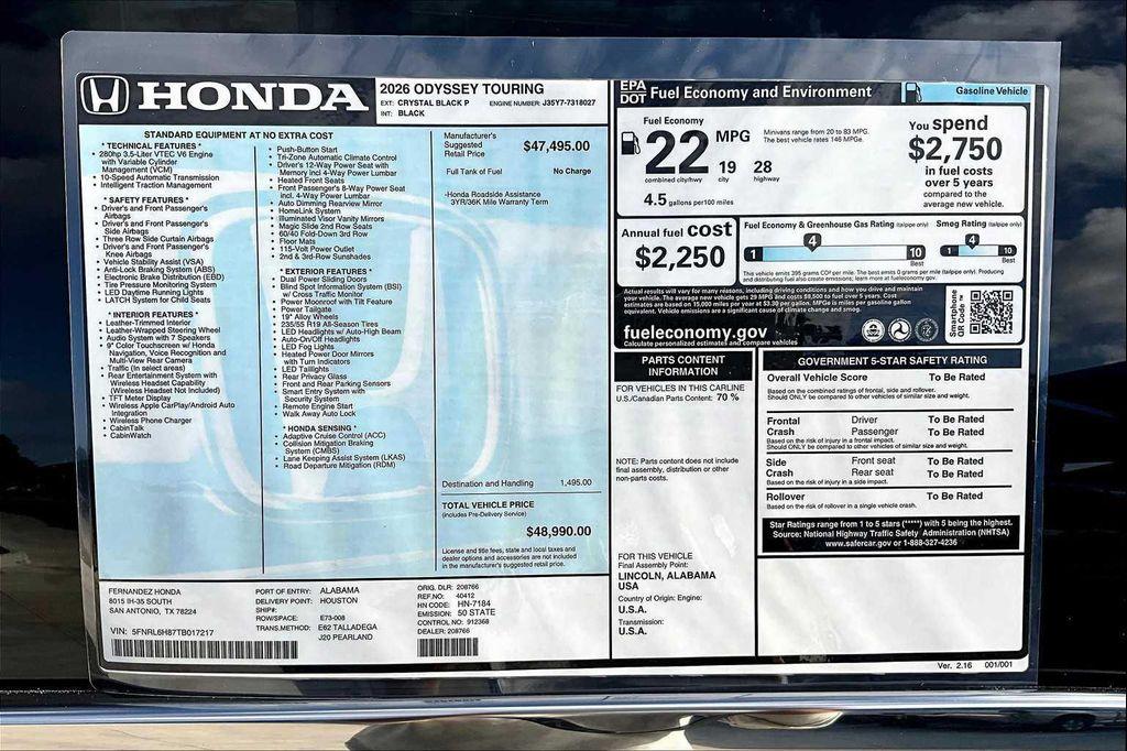 new 2026 Honda Odyssey car, priced at $48,990