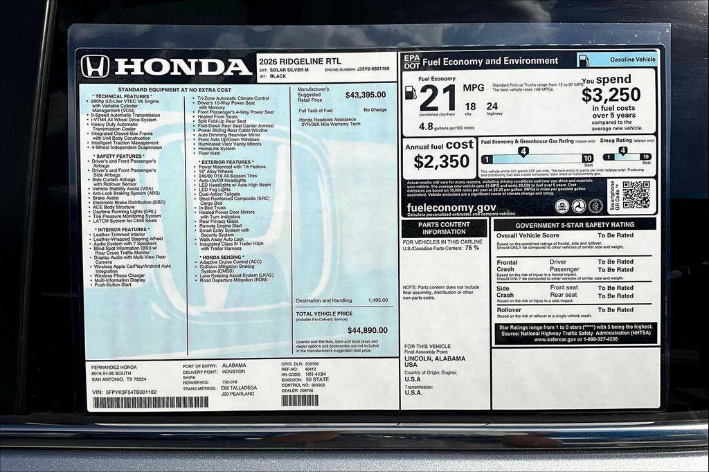 new 2026 Honda Ridgeline car, priced at $44,890