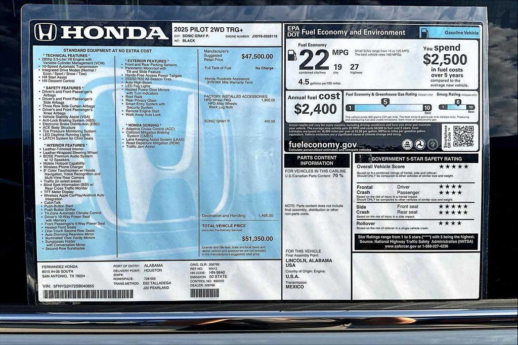 new 2025 Honda Pilot car, priced at $51,350