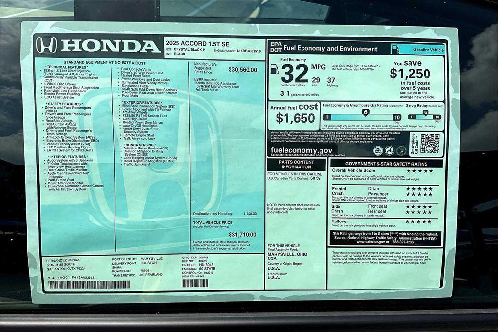 new 2025 Honda Accord car, priced at $31,710