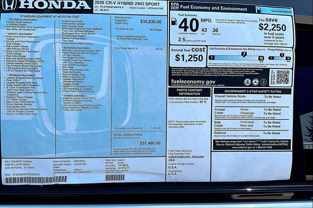 new 2026 Honda CR-V Hybrid car, priced at $37,480