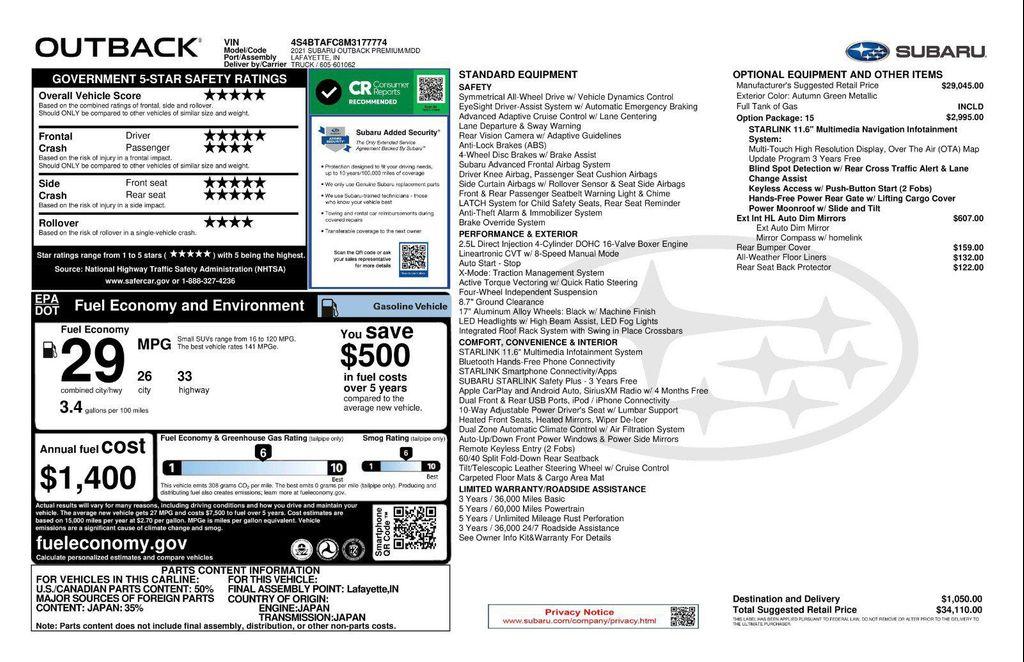 used 2021 Subaru Outback car, priced at $23,987