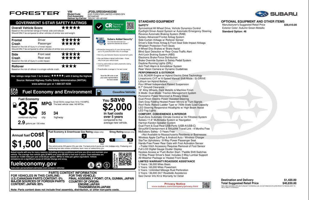 new 2025 Subaru Forester Hybrid car, priced at $40,762